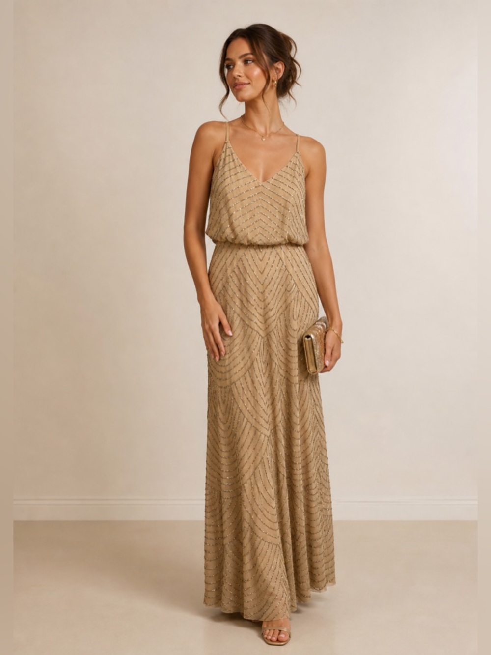 Adrianna Papell Gold Beaded Maxi Dress | Formal Gown | Wedding Guest / Prom